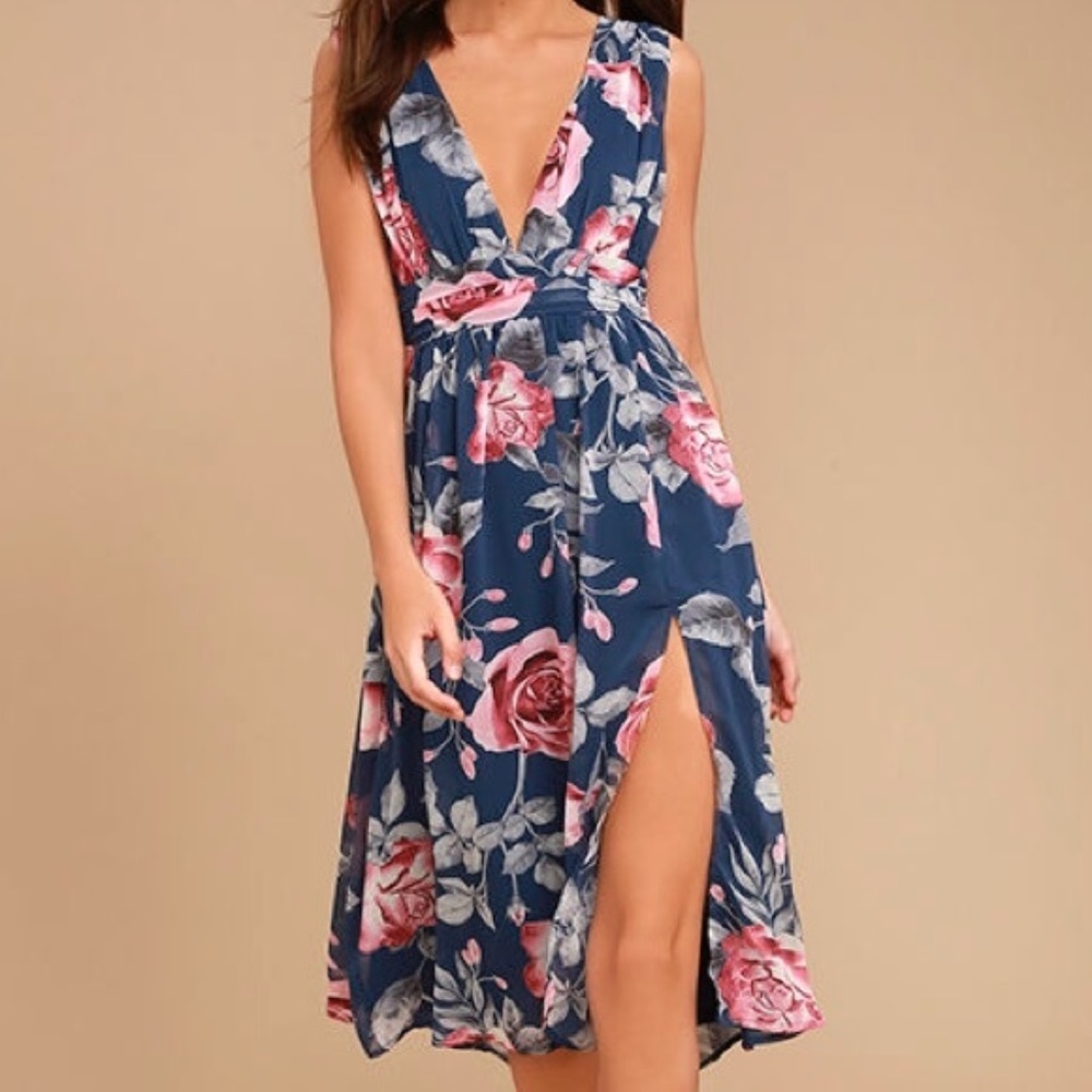 QUEEN OF HEARTS NAVY BLUE FLORAL PRINT MIDI DRESS